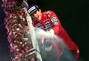Podium Collection: Formula One World Championship: Ayrton Senna McLaren celebrates his fifth