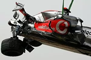 Images Dated 4th April 2008: Formula One World Championship: The damaged McLaren Mercedes MP4 / 23 of Lewis Hamilton McLaren