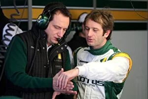 Images Dated 20th February 2010: Formula One World Championship: Gianluca Pisanello Lotus Race Engineer talks with Jarno Trulli Lotus