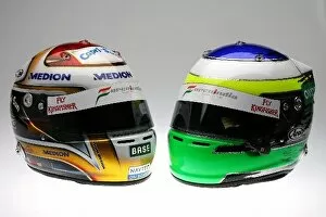 Formula One World Championship: The helmets of Adrian Sutil Force India F1 and Giancarlo Fisichella Force India F1
