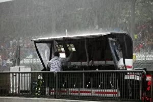 2008 Collection: Formula One World Championship: Honda pit gantry during a storm in first practice