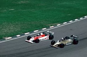 1980 Collection: Formula One World Championship: Jochen Mass Arrows Cosworth alongside Alain Prost Mclaren Cosworth