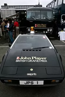 Brands Gallery: Formula One World Championship: A John Player Special British GP liveried Lotus Esprit sits in