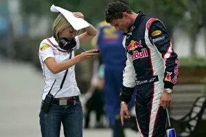 Images Dated 29th September 2006: Formula One World Championship: Katie Tweedle Red Bull Press Officer talks with David Coulthard