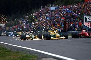 Belgium Collection: Formula One World Championship: L to R: Sixth place finisher Mika Hakkinen Lotus 107 pursues first