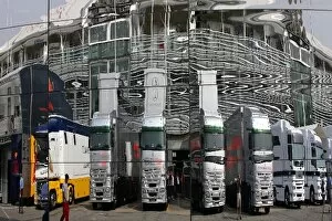 2008 Collection: Formula One World Championship: McLaren trucks reflected in the McLaren brand centre