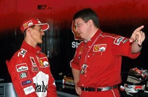 Images Dated 19th December 2000: Formula One World Championship: Michael Schumacher Ferrari F399, 2nd place talks with Ross Brawn