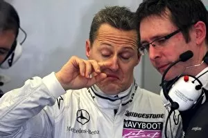 Formula One World Championship: Michael Schumacher Mercedes GP talks with Andy Shovlin Mercedes Race Engineer