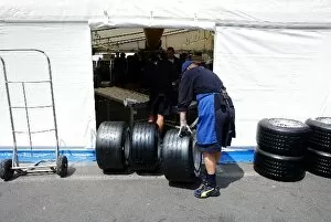 Images Dated 27th May 2004: Formula One World Championship: Michelin tyres are prepared in the paddock