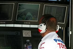 Images Dated 3rd April 2004: Formula One World Championship: Mike Gascoyne Toyota Technical Director watches the timing screens