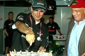 Images Dated 29th April 2002: Formula One World Championship: Pedro de la Rosa celebrates his 50th Grand Prix with Jaguar Team