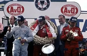 James Hunt 1976 Collection: Formula One World Championship: The podium: Jody Scheckter Tyrrell, second; James Hunt McLaren