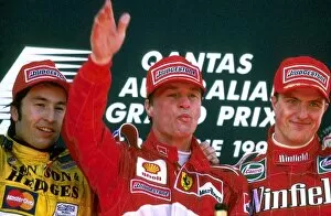 First Win Gallery: Formula One World Championship: The podium: Heinz-Harald Frentzen Jordan second; Eddie Irvine