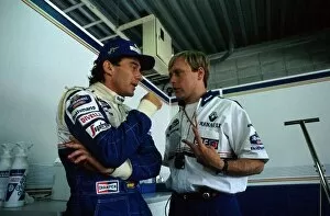 Formula One World Championship: Pole Sitter Ayrton Senna Williams FW16 with his Race Engineer David Brown