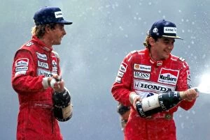 F1 Collection: Formula One World Championship: R-L: Race winner Ayrton Senna McLaren