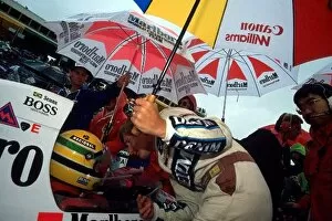 Images Dated 15th May 2001: Formula One World Championship: Race winner Thierry Boutsen asks Ayrton Senna McLaren MP4 / 5