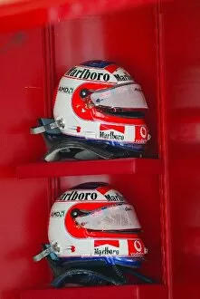 Images Dated 10th October 2003: Formula One World Championship: Spare helmets for Rubens Barrichello Ferrari