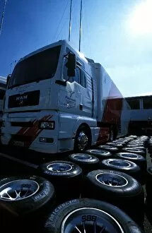 Images Dated 30th July 2002: Formula One World Championship: The Toyota transporter and tyres in the paddock