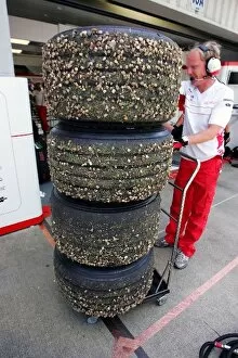 Images Dated 4th July 2008: Formula One World Championship: Tyres covered in grit returned to the Toyota pits
