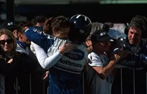 Damon Hill 1996 Collection: Formula One World Championship: Winner Damon Hill Williams FW18 is greeted by his wife Georgie