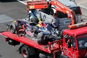 GP2 Series: The car of Sebastien Buemi Trust Team Arden comes bag to the paddock on a truck after a qualifying crash