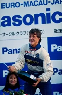 F3 Collection: International Formula Three: Michael Schumacher celebrates his victory in exuberant fashion