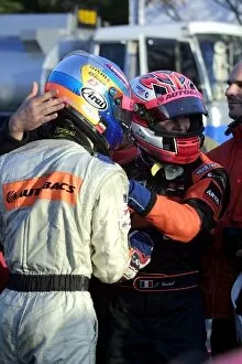 Images Dated 25th November 2001: International Formula Three: Race winner Jonathan Cochet congratulates team mate, Yuji Ide