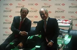 Images Dated 10th July 2001: Jaguar F1 Press Conference: L-R: Dr. Wolfgang Reitzle, Jaguar Cars, Sir John Bond, HSBC