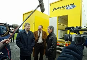 Team Owner Collection: Jordan Ford EJ13 Shakedown: Eddie Jordan, right, is interviewed for television at the shakedown of