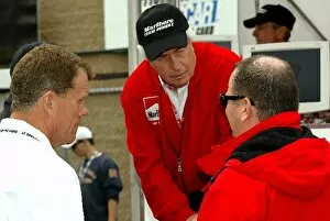 Images Dated 22nd April 2002: (L to R): Team owners Tom Kelley, Roger Penske, and Chip Ganassi hold an impromptu meeting