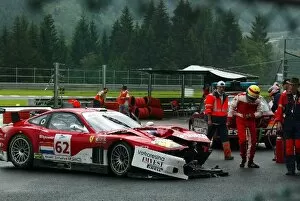Le Mans Endurance series: Mike Hezemans Barron Connor Racing examines the damage to his Ferrari 575 GTC after