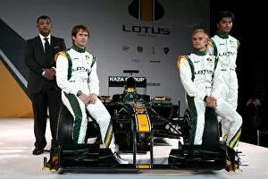 Images Dated 12th February 2010: Lotus T127 Launch: The new Lotus T127 with Tony Fernandes, Heikki Kovalainen