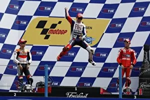 Rd6 Dutch TT Collection: MotoGP: Podium: Dani Pedrosa Repsol Honda, Jorge Lorenzo FIAT Yamaha Team and Casey Stoner Ducati