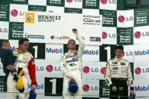 Images Dated 28th April 2003: Renault Elf Clio Cup: Stephane Lemeret 2nd, Michael Rangoni 1st and Thomas Muhlenz 3rd on the podium