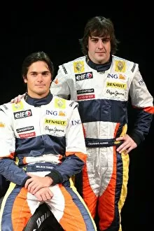 Images Dated 31st January 2008: Renault R28 Launch: L-R: Nelson Piquet Jr and Fernando Alonso, Renault