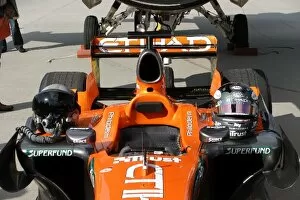 Images Dated 20th April 2007: Spyker vs F-16 Jet Fighter: R-L The helmets of Christian Albers Spyker F8-VII and Ralph Aarts